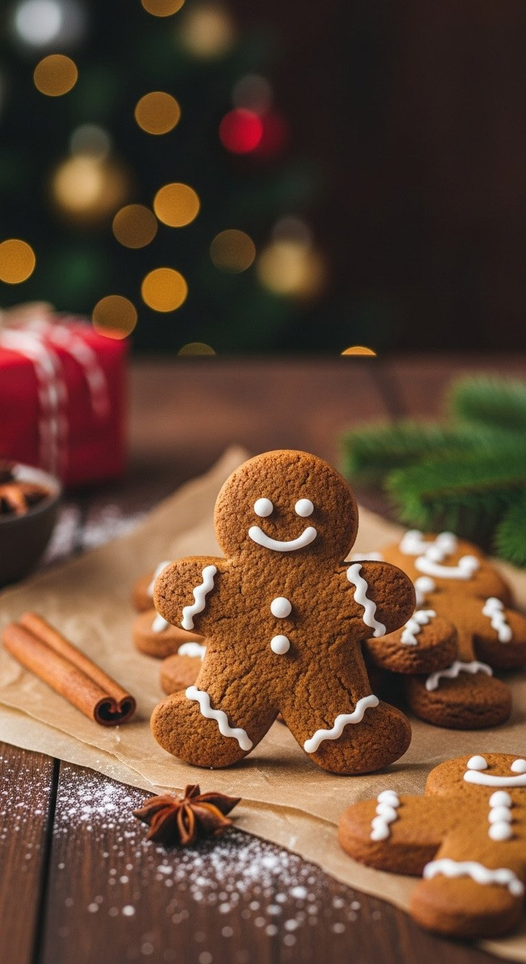 Chewy Gluten-Free Gingerbread Men Cookies With White Icing On Parchment Paper. A Cozy, Warm Holiday Baking Scene.