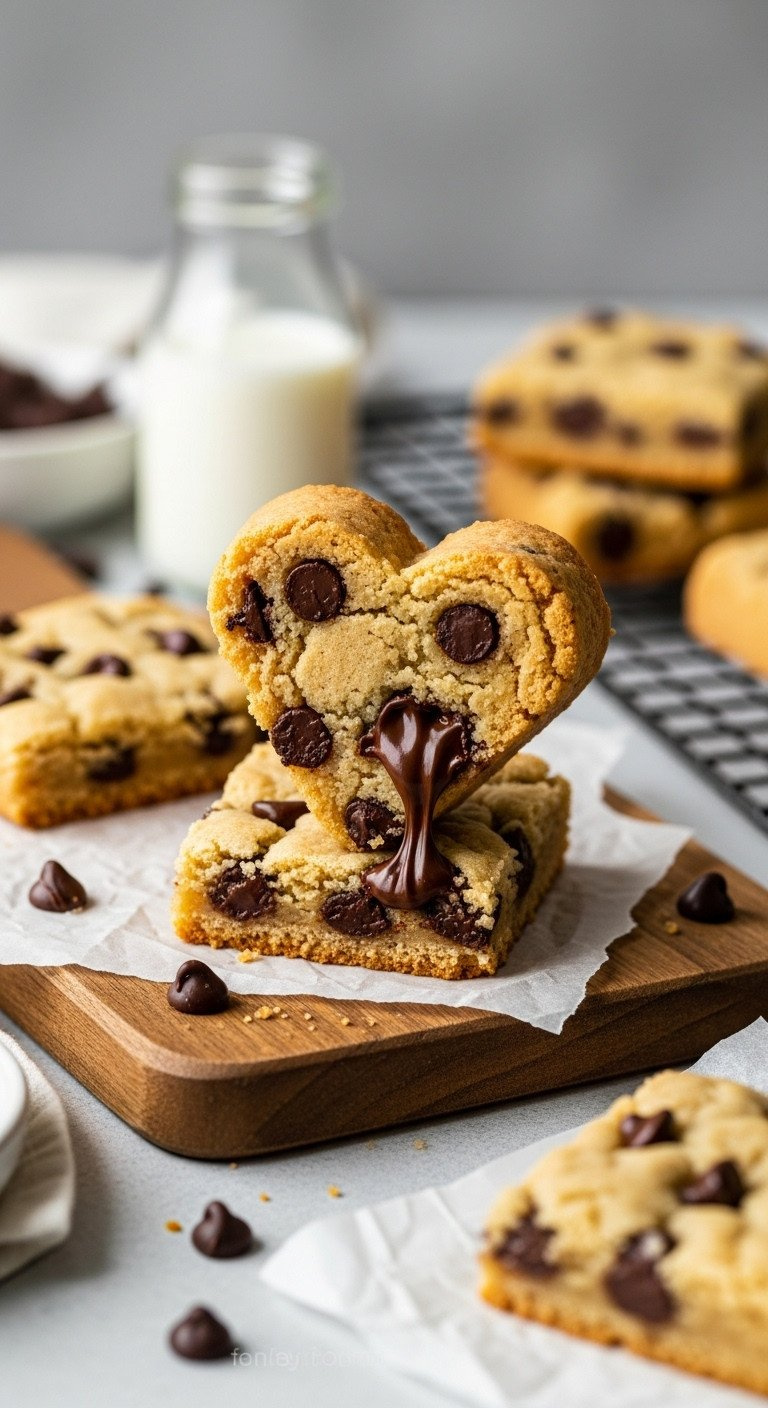 Chewy Heart-Shaped Chocolate Chip Cookie Bars With Melted Chocolate Chips And Golden Centers. Cozy Homemade Dessert.