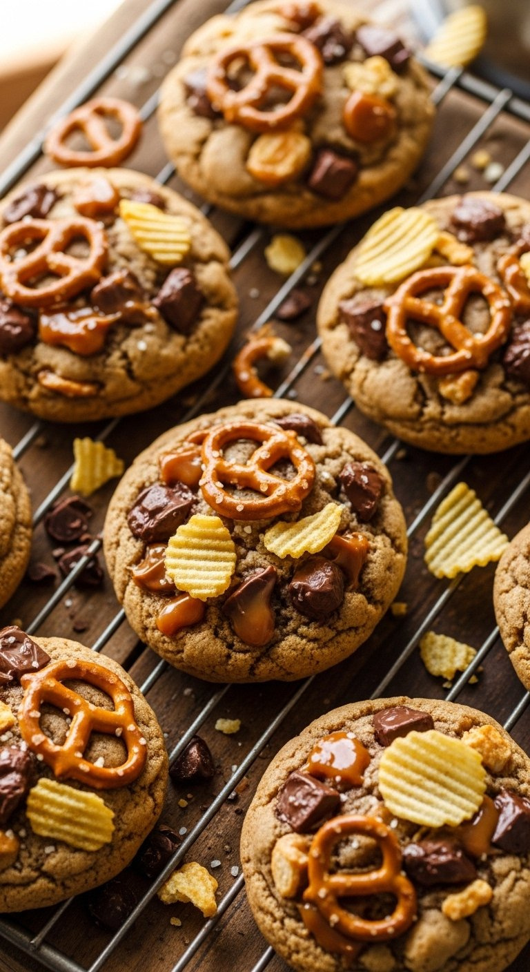 Chewy Kitchen Sink Cookies Loaded With Pretzels, Potato Chips, Chocolate Chunks, And Caramel Bits On Rustic Background.