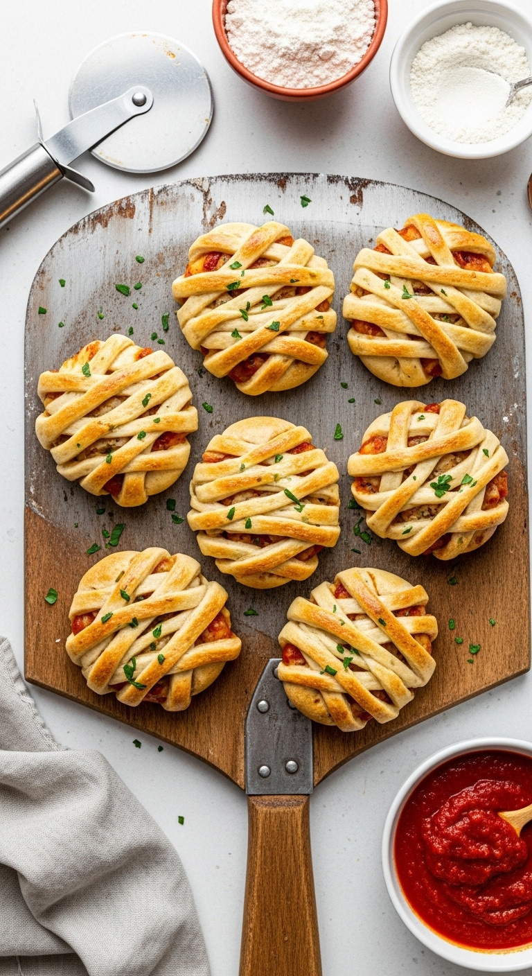 Chewy Pizza Dough Mummies With A Bread-Like Texture Arranged On A Rustic Pizza Peel With Marinara Sauce