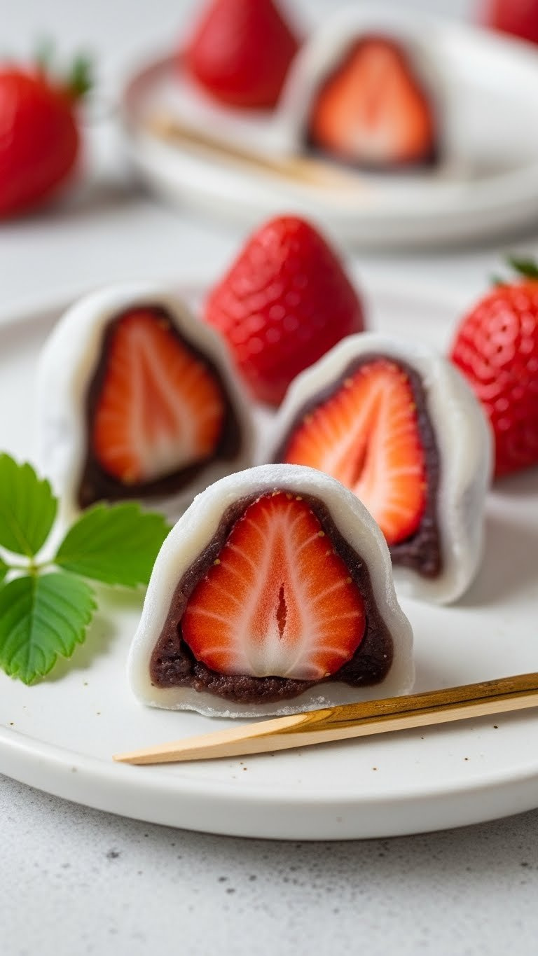 Chewy Strawberry Mochi Daifuku With Vibrant Red Strawberries Peeking Through Translucent Dough On White Plate