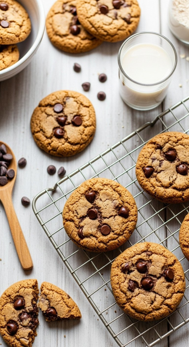 Chewy Vegan Gluten-Free Chocolate Chip Cookies With Melted Chips On A Wire Cooling Rack, With Oat Milk.
