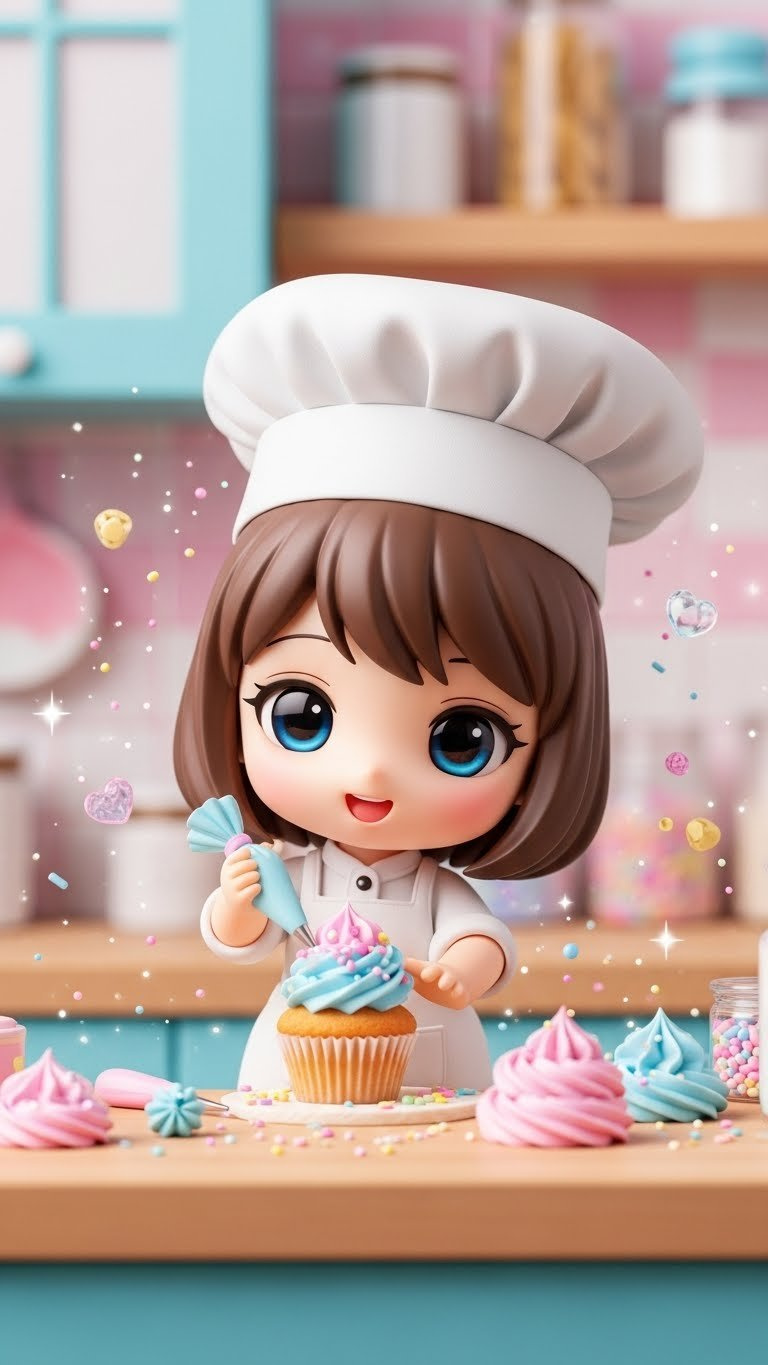 Chibi Anime Girl With Oversized Eyes Decorating Cupcake Wearing Tiny Chef Hat In Magical Kitchen Setting