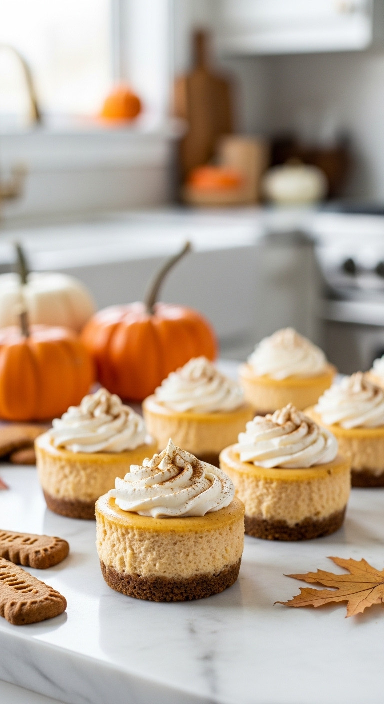 Chic Mini Pumpkin Cheesecakes With Whipped Cream And Cinnamon On Marble Countertop For Aesthetic Halloween Dessert
