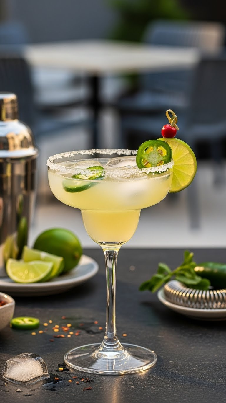 Chic Salt-Rimmed Margarita Glass With Skinny Spicy Margarita, Jalapeño Slice, And Lime Wheel On Dark Stone Surface