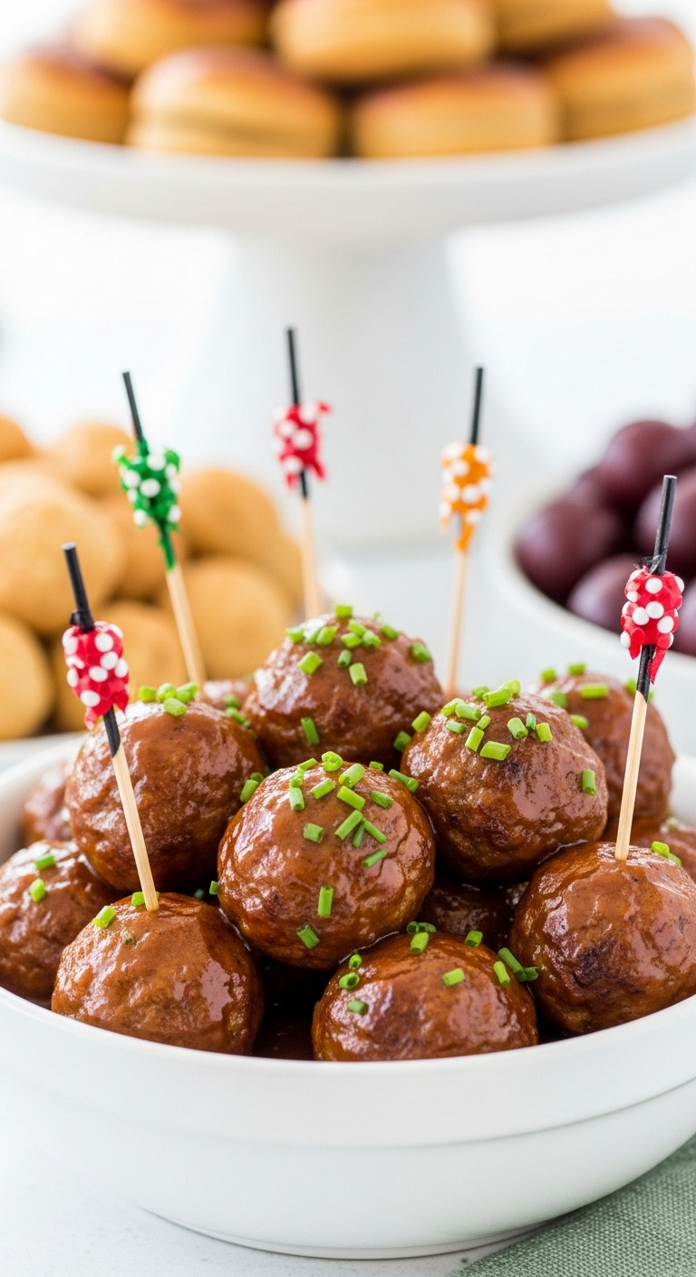 Chicken Apple Butter Meatballs Garnished With Chives And Toothpicks In A White Serving Bowl At A Party