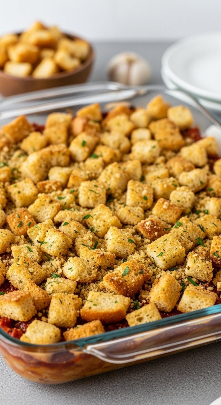 Chicken Parmesan Casserole Topped With Crunchy Golden Brown Garlic Croutons In A Glass Dish.