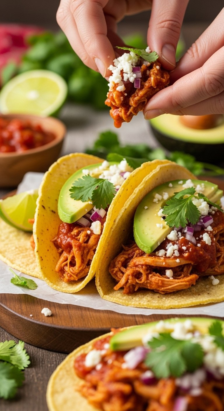 Chicken Tinga Tacos With Chipotle Sauce, Cotija Cheese, Avocado, And Cilantro On A Rustic Wooden Board.
