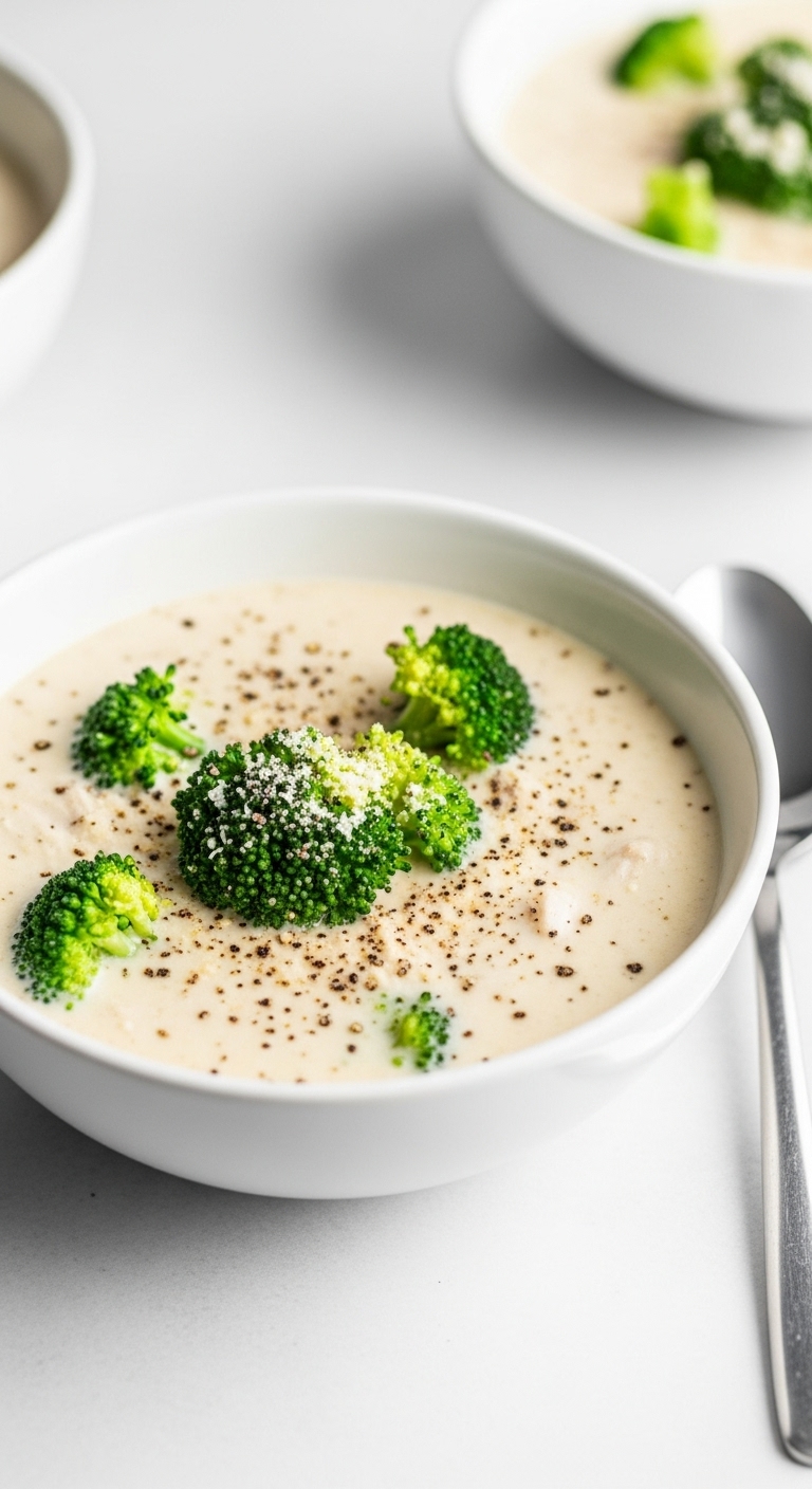 Chicken Alfredo And Broccoli Soup In A Modern White Bowl With Black Pepper And Parmesan