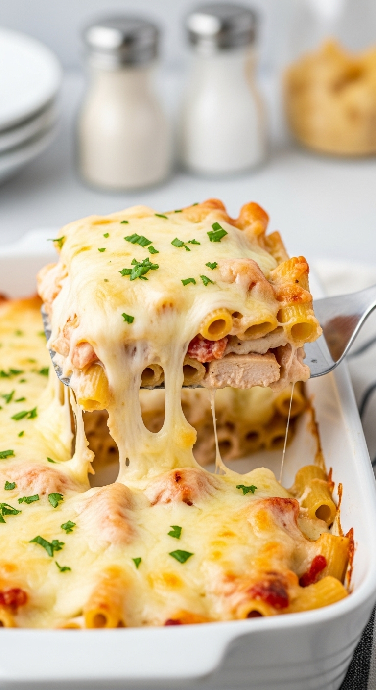 Chicken Alfredo Baked Ziti With Creamy Sauce, Chicken, And Cheese Pull From A White Ceramic Baking Dish
