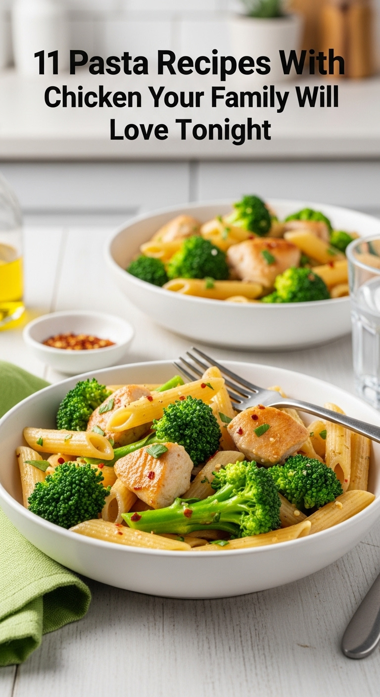 Chicken And Broccoli Pasta With Penne Olive Oil Parmesan And Red Pepper In A White Bowl On A Light Wooden Surface