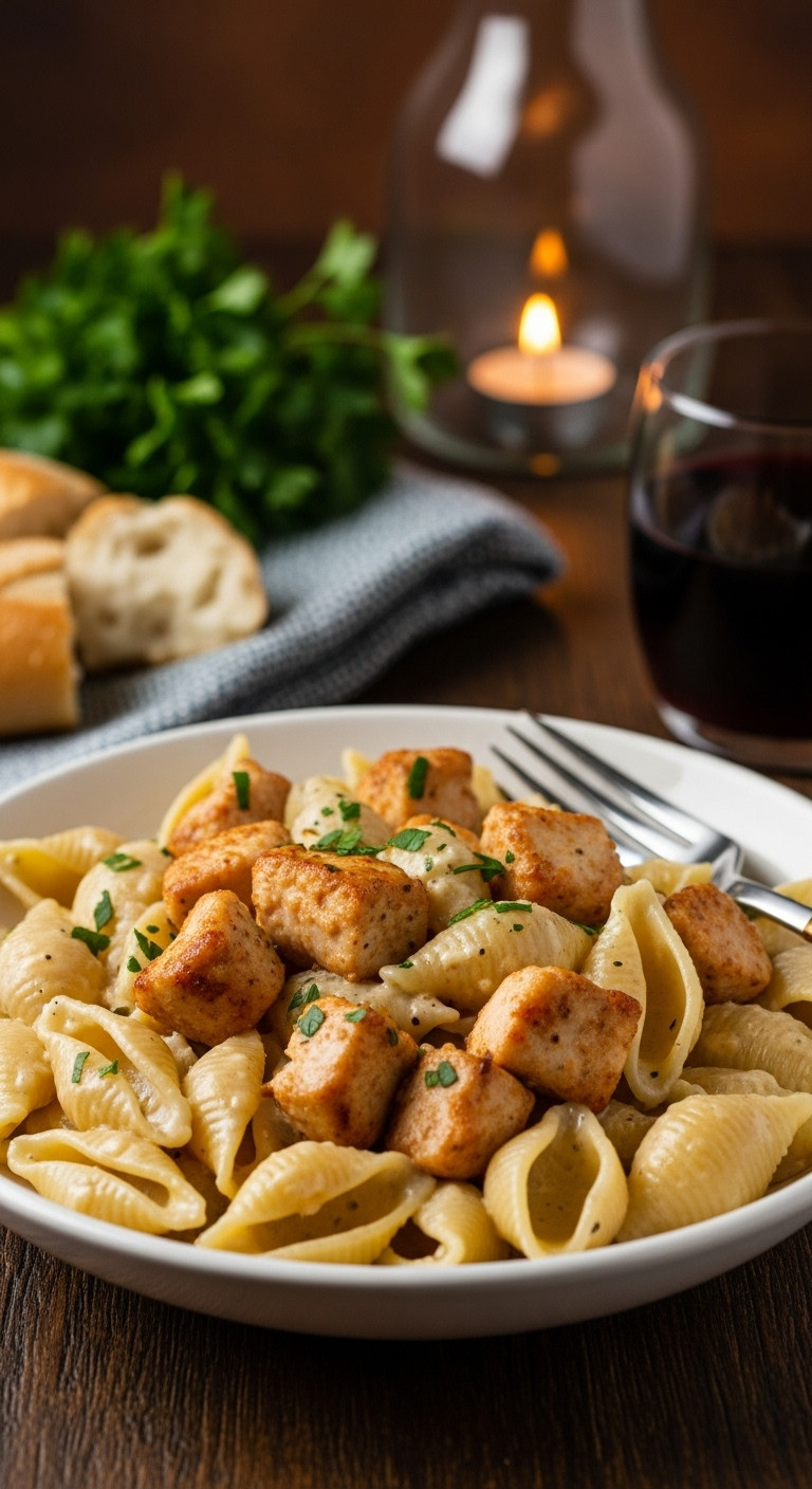 Chicken And Creamy Garlic Shells With Pasta Chicken And Garlic Parmesan Sauce Topped With Parsley In A Comforting Bowl