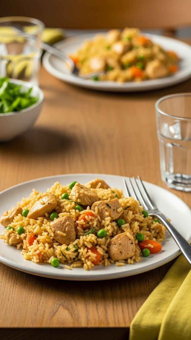 Chicken And Rice Dinner Plate With Vegetables On Ceramic Plate With Fork And Water Glass