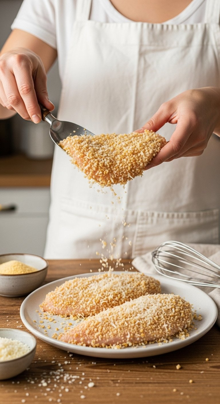 Chicken Breasts Coated In Golden Parmesan Panko Crumbs On A Rustic Wooden Table.