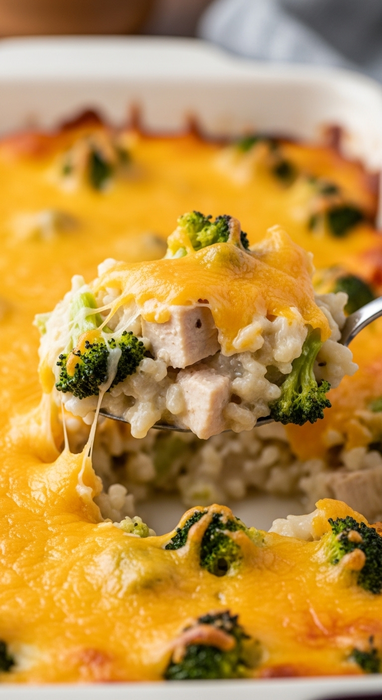 Chicken Broccoli Cheddar Rice Casserole With Melted Cheese And A Scoop Lifted From The Baking Dish