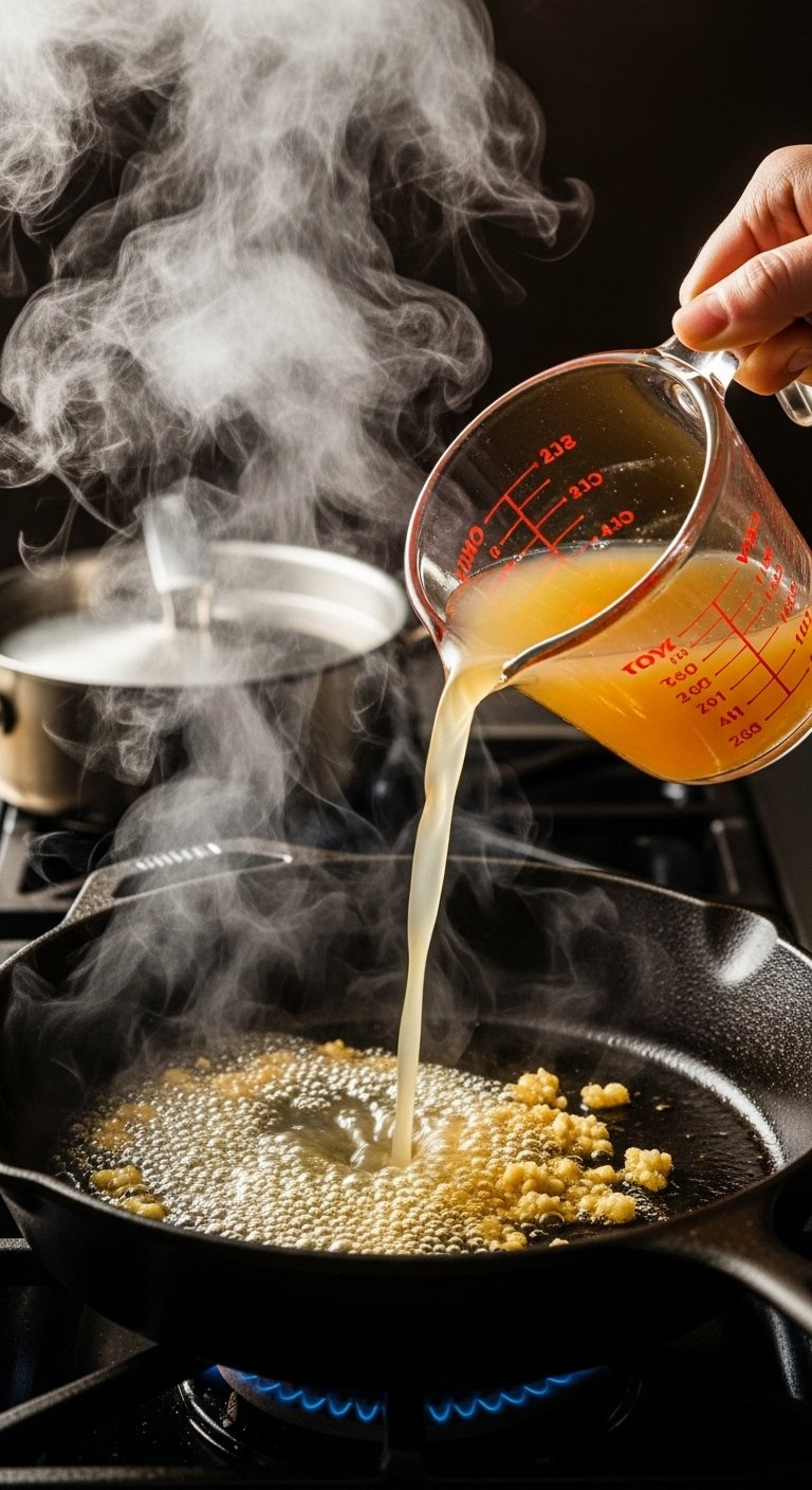 Chicken Broth Being Poured Into A Hot Skillet To Deglaze The Pan With Sauteed Garlic.