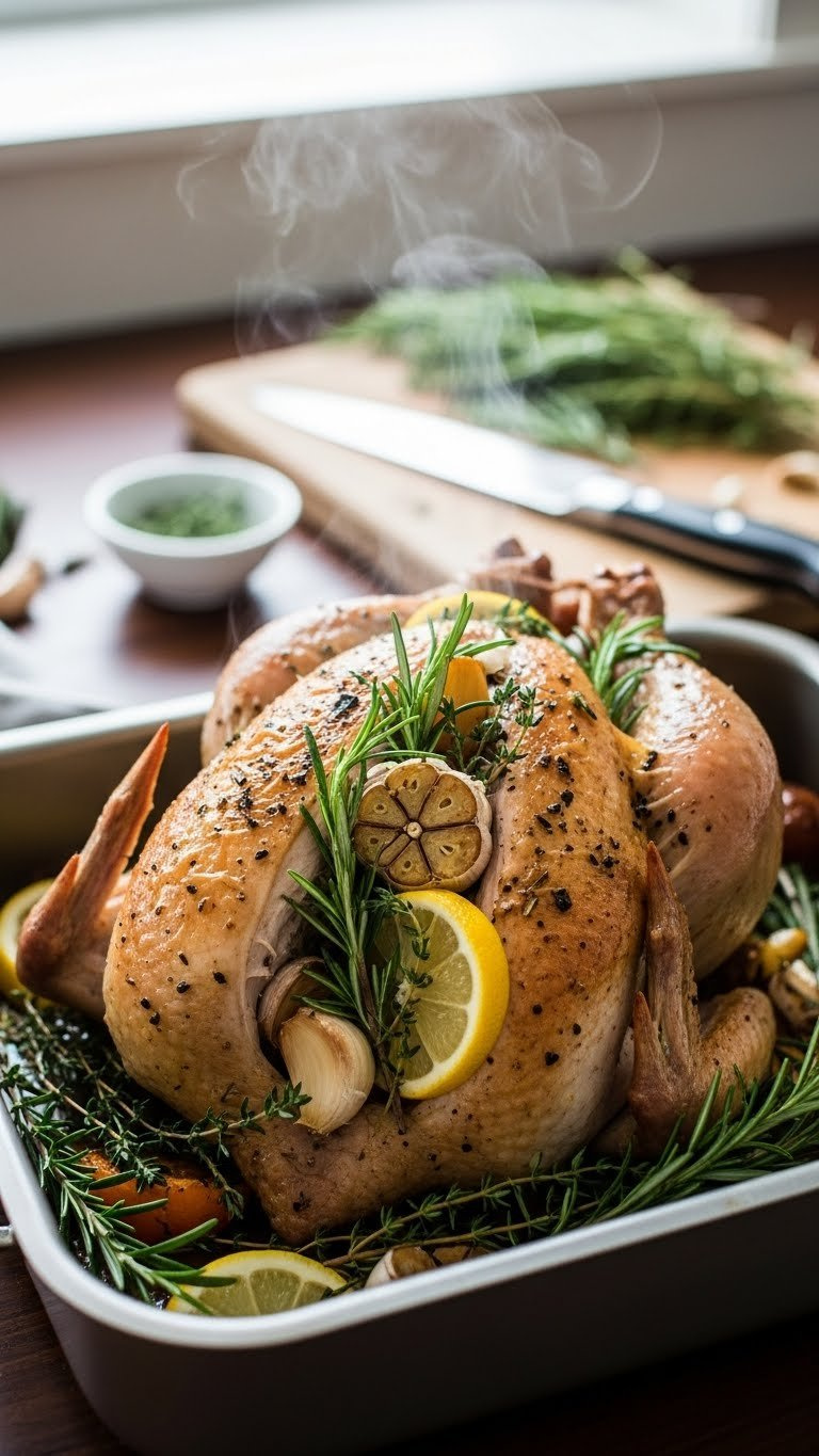 Chicken Cavity Stuffed With Fresh Rosemary, Thyme, Lemons And Garlic For Aromatic Roasting