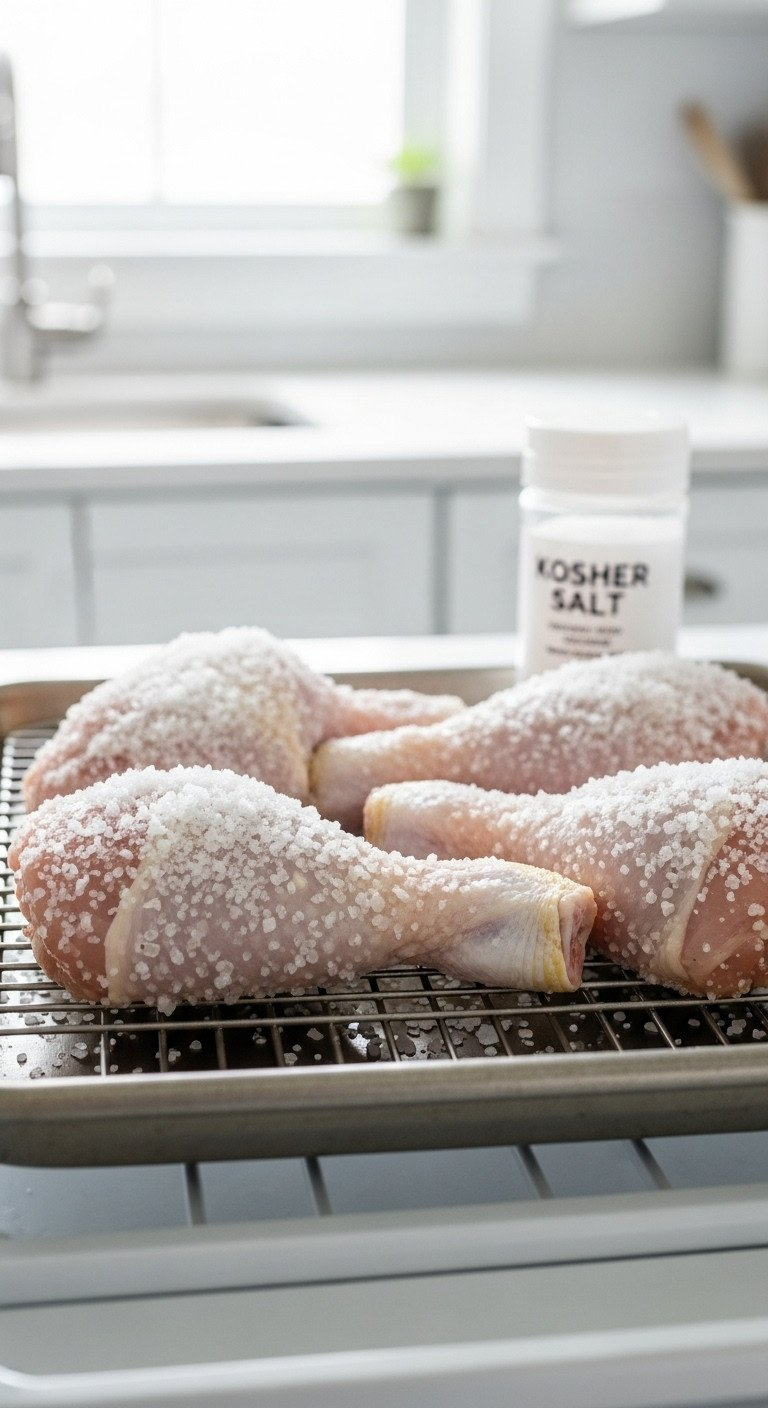 Chicken Drumsticks Coated In Kosher Salt, On Wire Rack In Fridge. Dry Brining, Salt Container Visible. Soft Kitchen Light.