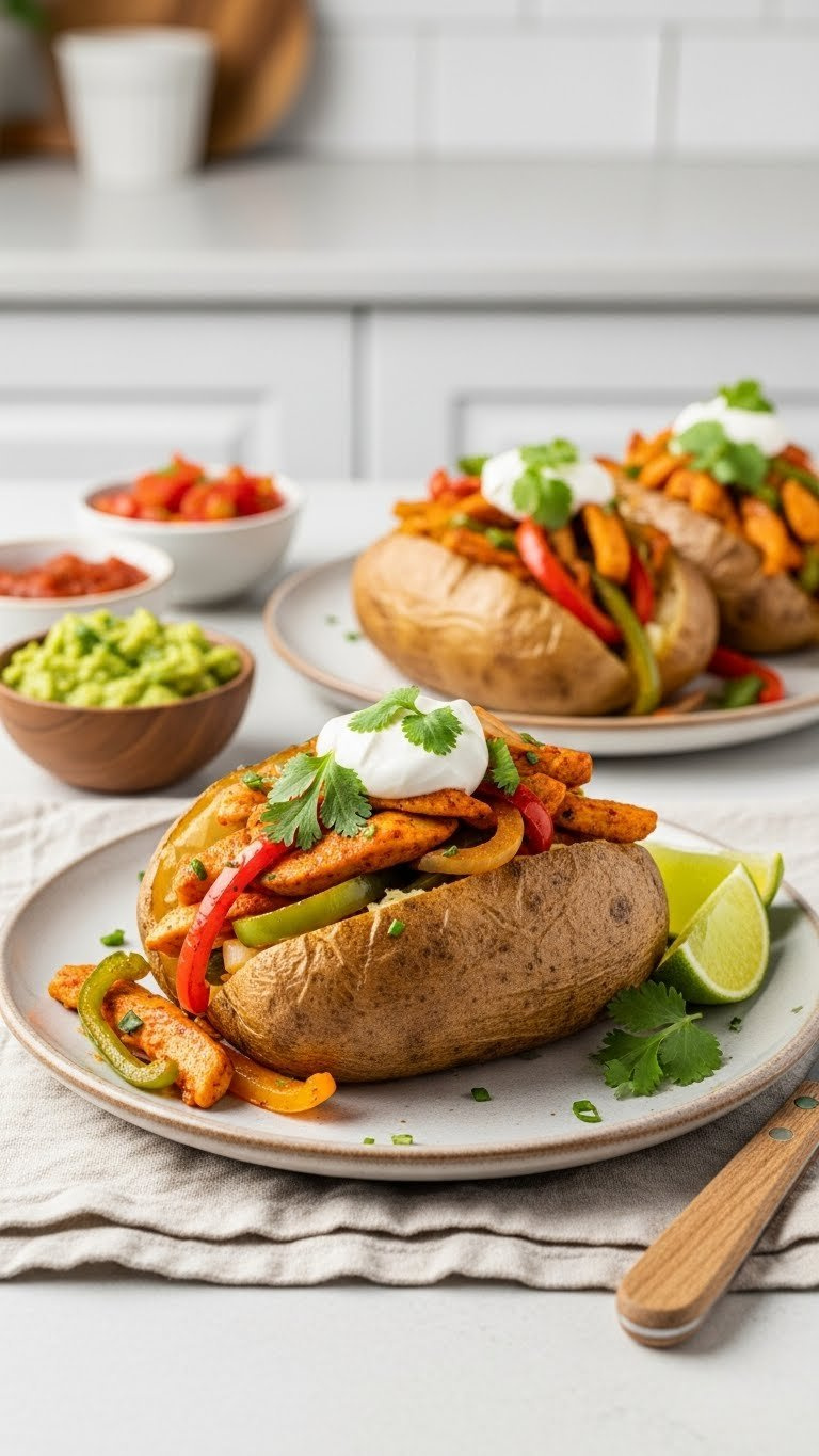 Chicken Fajita Twice Baked Potato Bowls With Tender Chicken Strips, Colorful Bell Peppers, Onions, Cilantro, And Lime Garnish