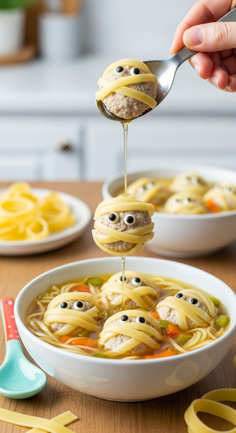 Chicken Noodle Soup With 'Mummy' Meatballs, Black Eyes, Colorful Bowl, Spoon On Wooden Table. Spooky Halloween.