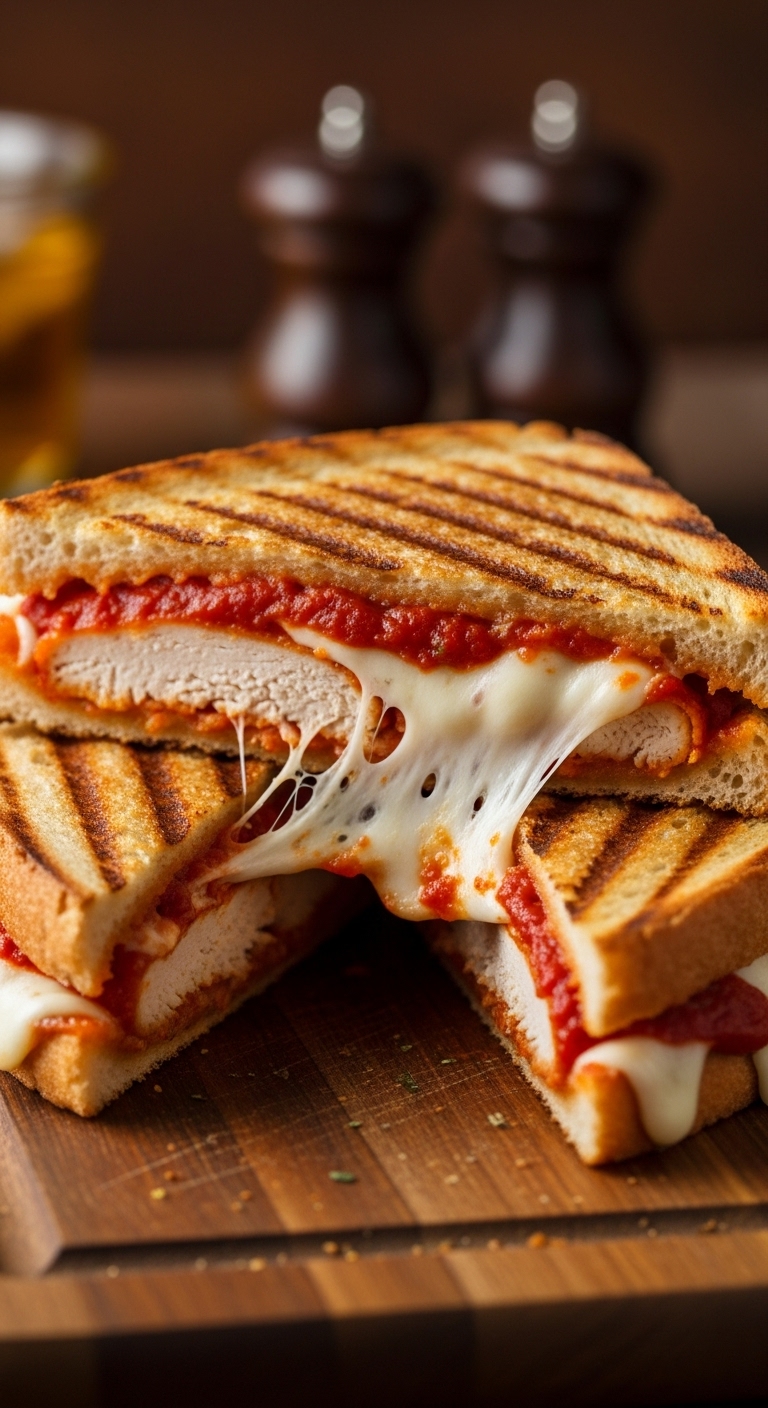Chicken Parmesan Panini With Cheese Pull, Marinara, And Mozzarella On Toasted Bread