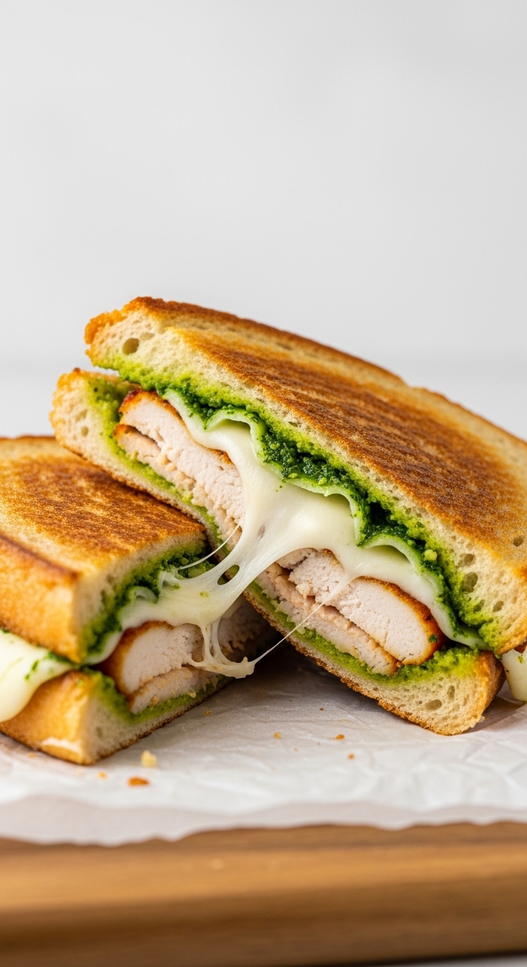 Chicken Pesto Mozzarella Panini With Cheese Pull On Parchment Paper