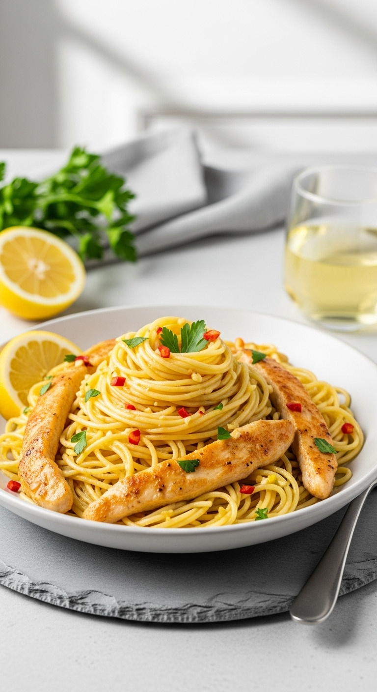 Chicken Scampi Pasta With Angel Hair Lemon Garlic Sauce And Parsley In An Elegant Shallow Bowl On A Slate Platter