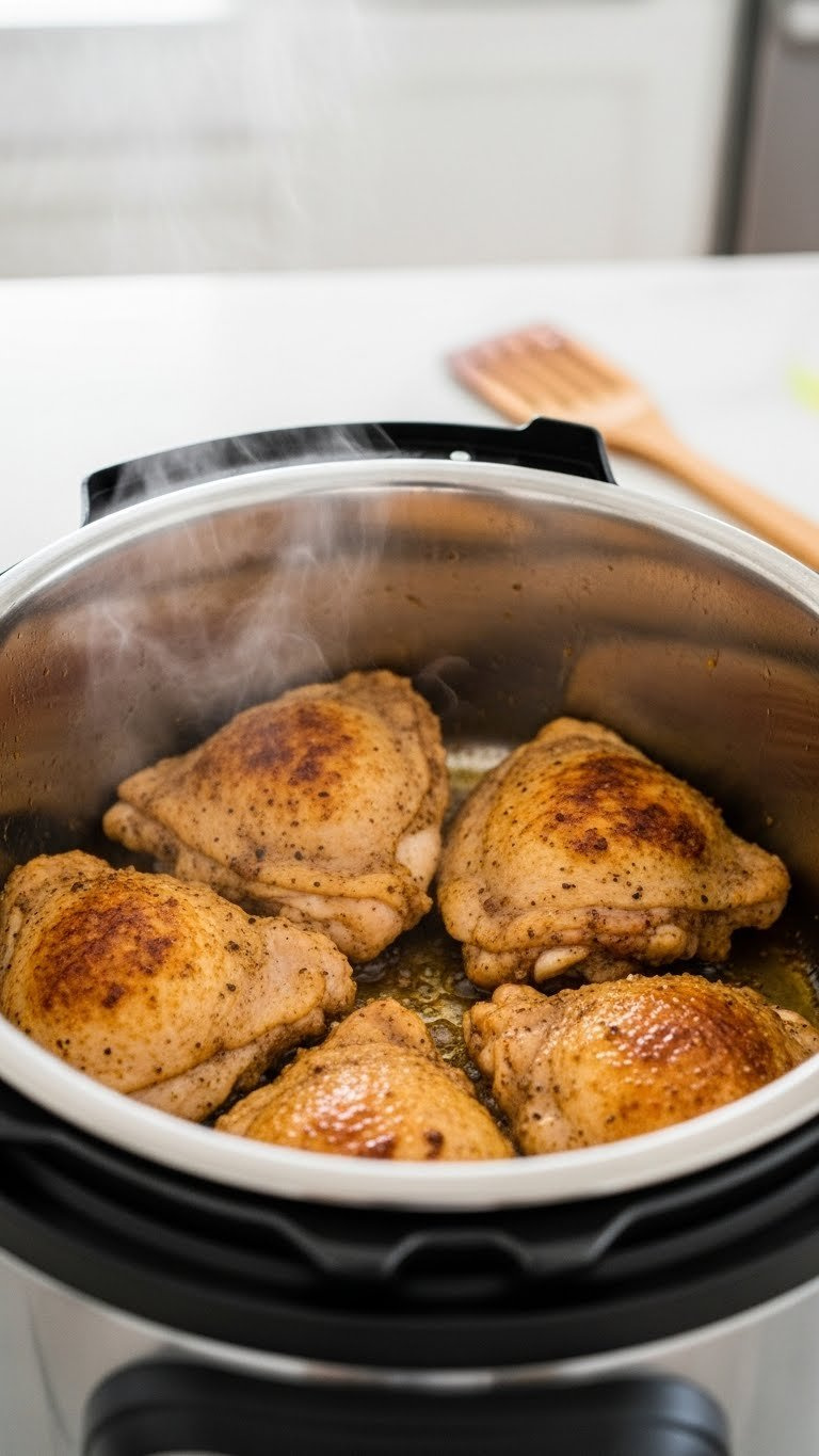 Chicken Thighs Browning In An Instant Pot Liner On A Kitchen Counter, With Steam And A Wooden Spatula.
