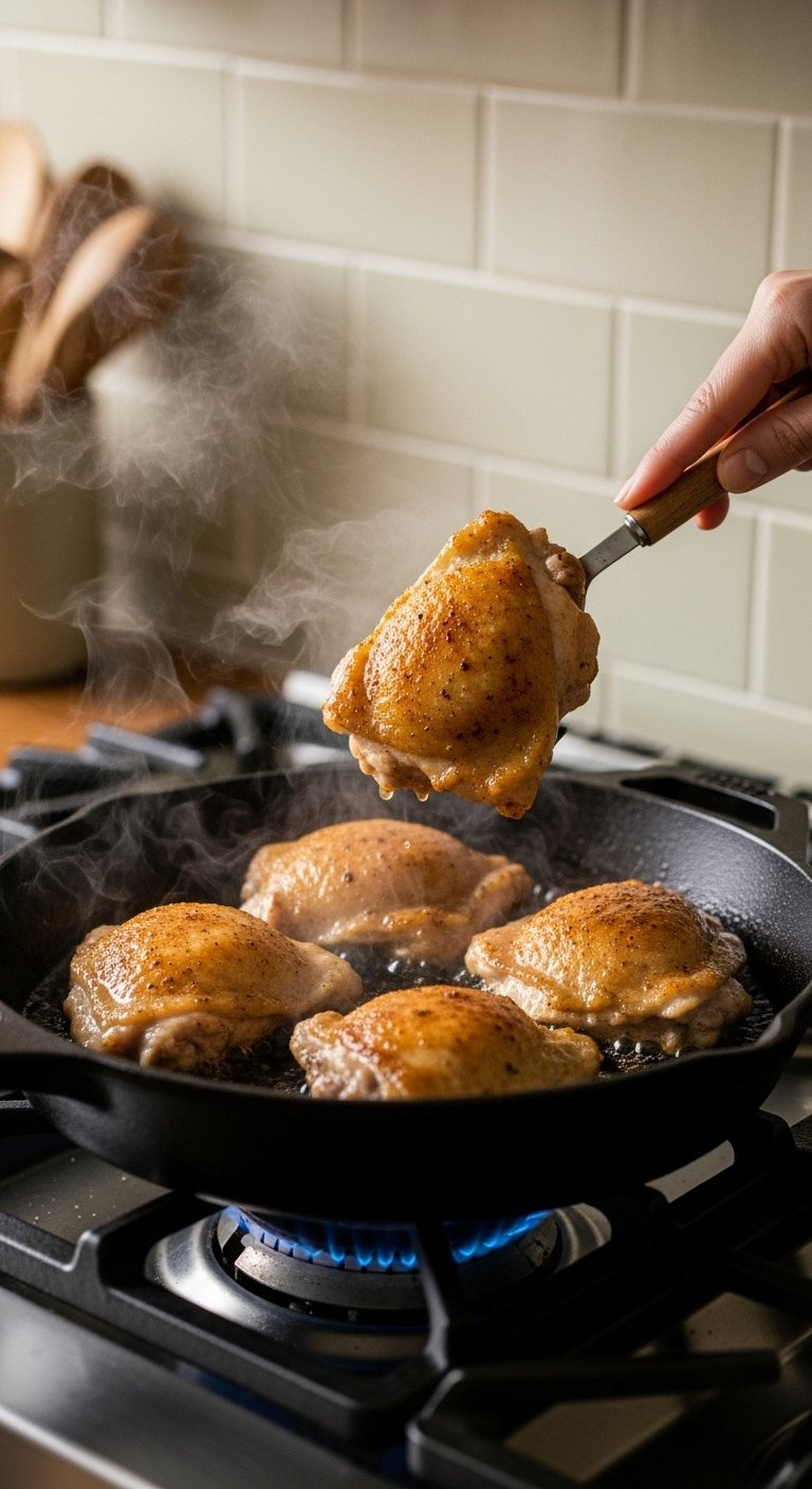 Chicken Thighs Searing To A Perfect Golden Brown In A Black Cast Iron Skillet On A Gas Stove.