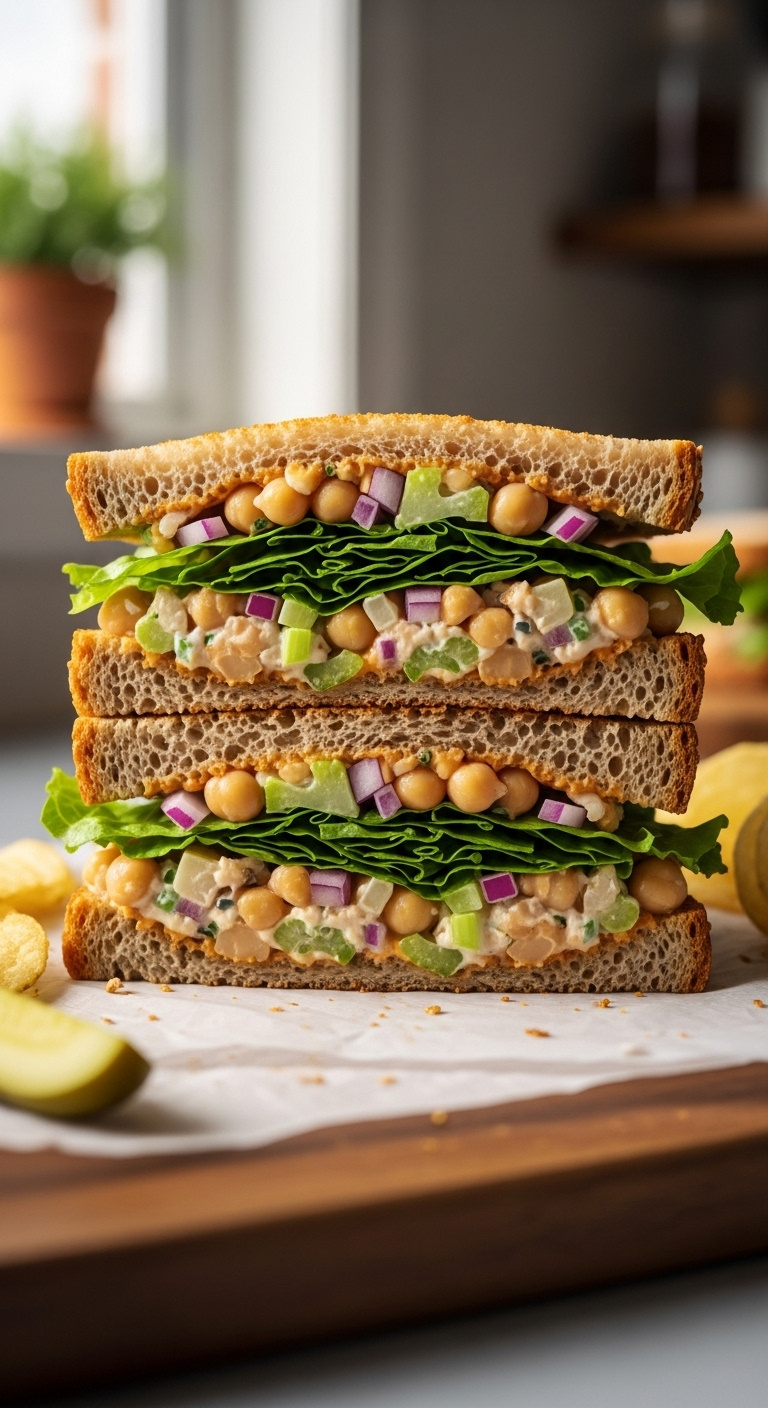 Chickpea Salad Sandwich With Celery Red Onion And Lettuce On Whole Grain Bread With Potato Chips And Pickle Spear