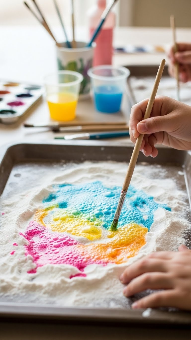 Child Creating Baking Soda Art With Colorful Fizzy Patterns Painted On Thick Baking Soda Layer Using Vinegar Brushes
