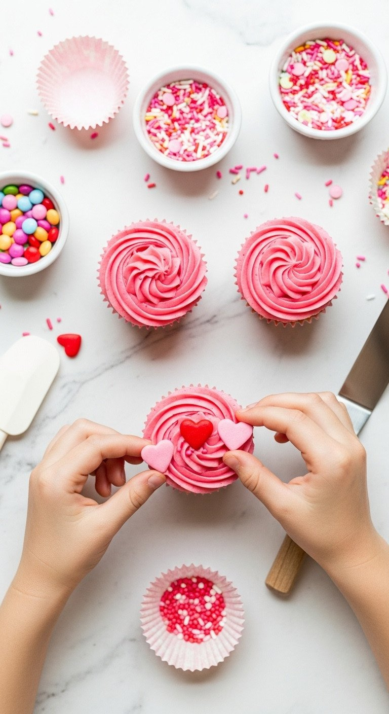 Child Hands Add Edible Hearts To A Pink Frosted Cupcake. Flat Lay On Marble, With Colorful Sprinkles And Baking Tools, Capturing Fun Decorating.