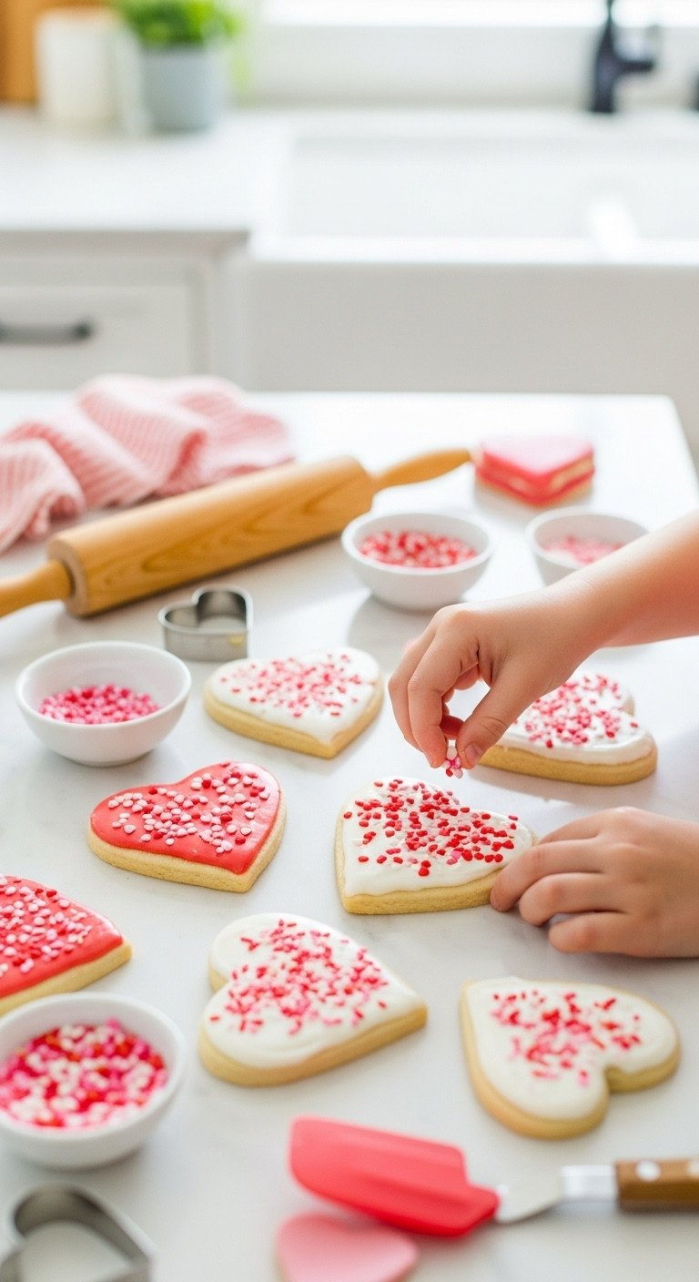 Child Hands Decorating Pink, Red, White Heart-Shaped Sugar Cookies With Sprinkles On A Marble Counter, Perfect For Baking Activities.