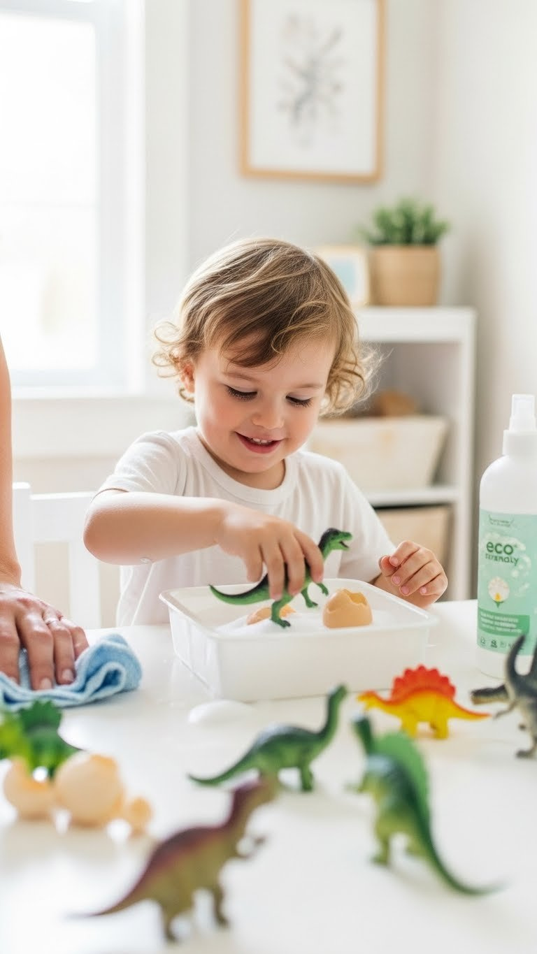 Child Playing With Hatched Plastic Dinosaurs In Clean Sensory Bin After Baking Soda Egg Cleanup Activity