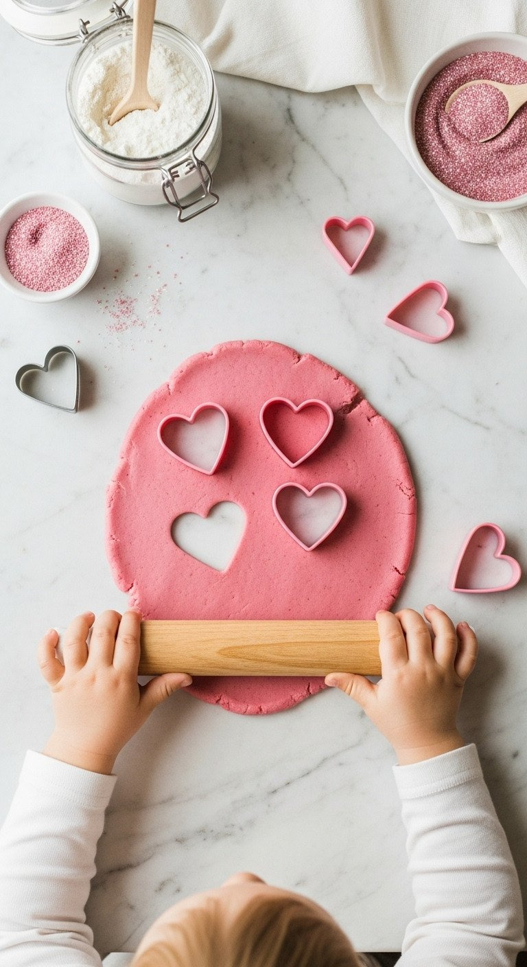 Child Rolling Pink Edible Playdough With Heart Cutters On A Marble Counter. Soft Light, Sensory Play For Kids.