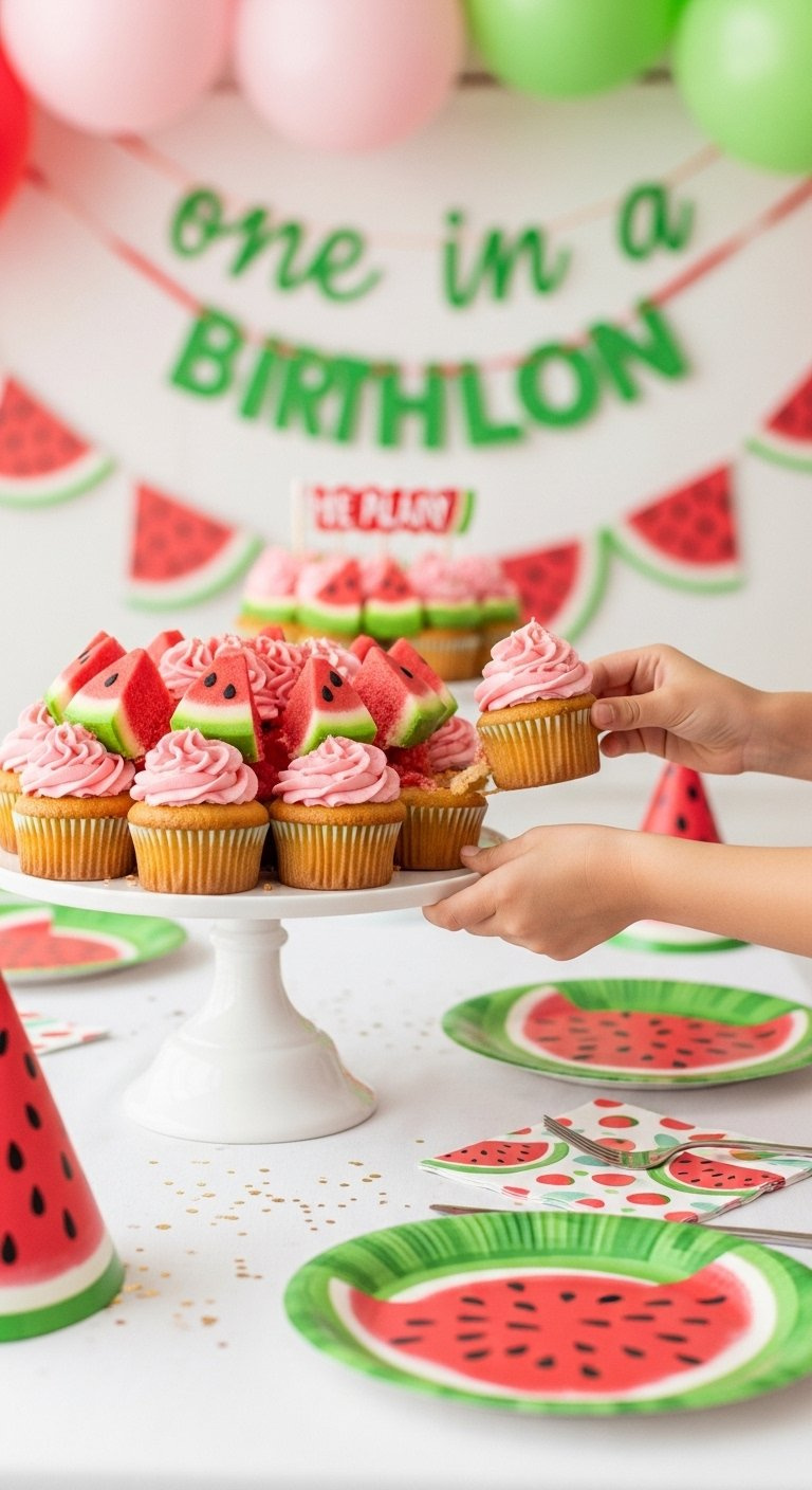 Children Pulling Apart A Watermelon Cupcake Cake At A Festive Birthday Party Table.
