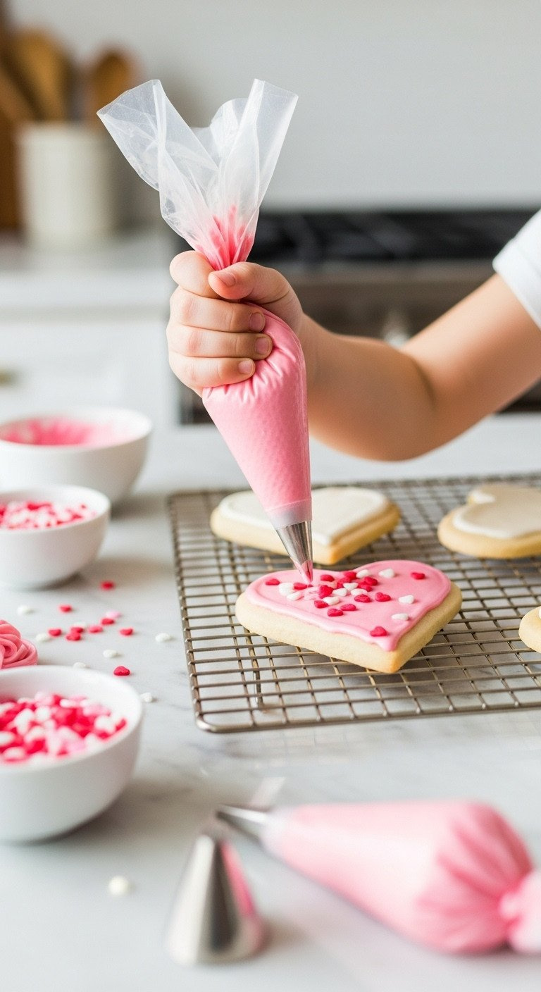Child's Hand Decorates Valentine's Heart Sugar Cookie With Pink Frosting &Amp; Vibrant Sprinkles On Marble Countertop.