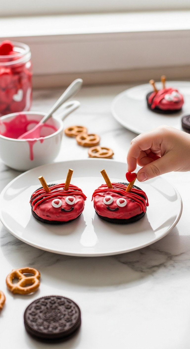 Child's Hand Decorates Cute Red 'Love Bug' Oreo Cookies With Pretzel Antennae And Candy Hearts For Valentine's Day.