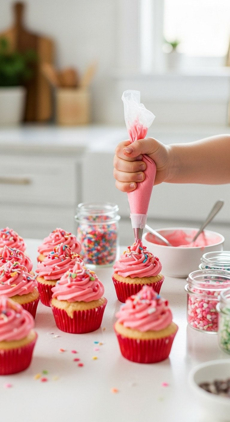 Child's Hand Decorates Vibrant Pink And Red Mini Cupcakes With Buttercream Frosting And Sprinkles For Valentine's Baking Fun.