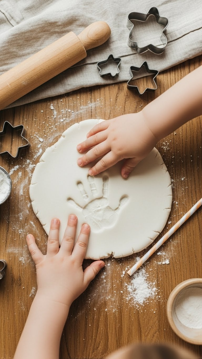 Child's Hand Making Impression In White Baking Soda Clay On Wooden Table With Cookie Cutters Around