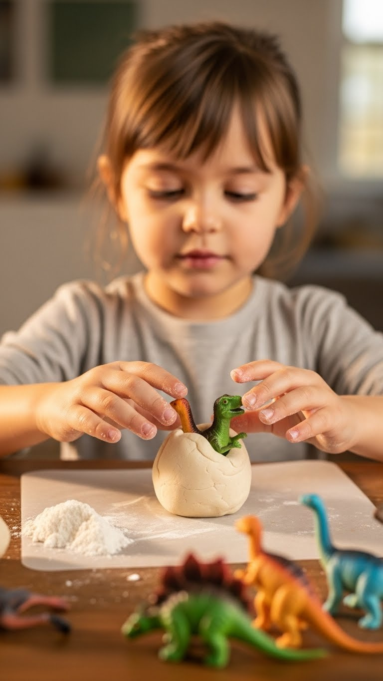 Child's Hands Carefully Molding Baking Soda Dough Around Colorful Plastic Dinosaur Toy On Rustic Wooden Table
