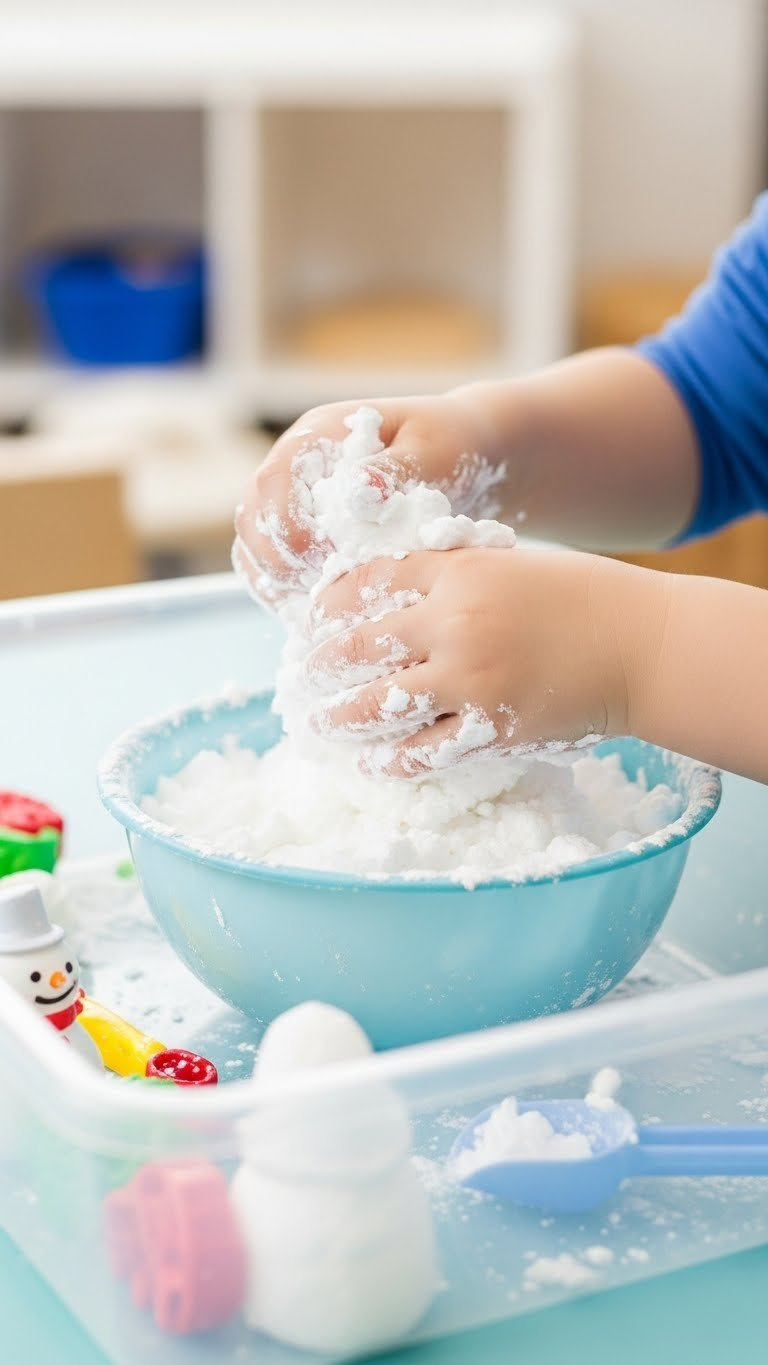 Child's Hands Enthusiastically Kneading Baking Soda And Shaving Cream Snow Mixture In Sensory Bin With Fluffy Texture