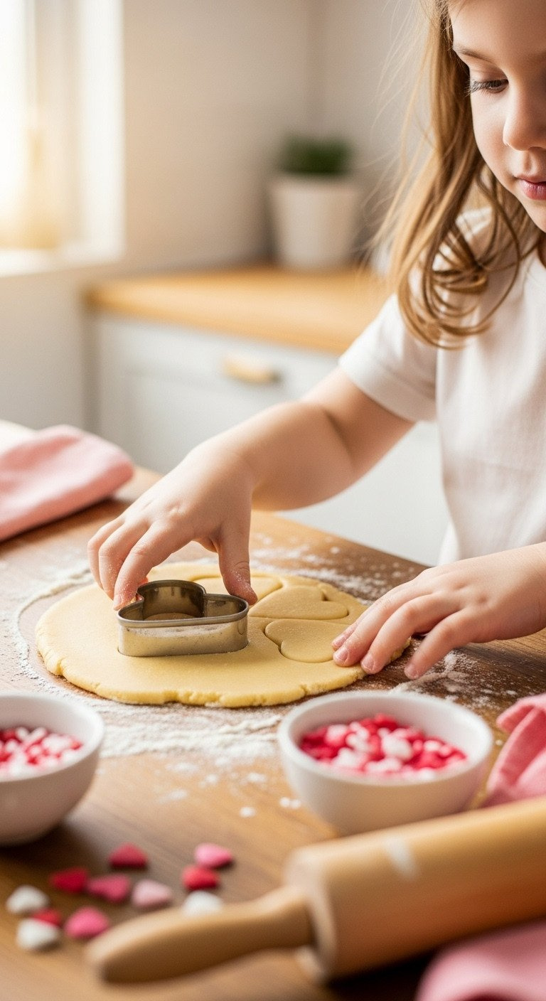 Child's Hands Press Heart Cookie Cutter Into Sugar Cookie Dough On A Rustic Table, Surrounded By Sprinkles For Valentine's Baking.