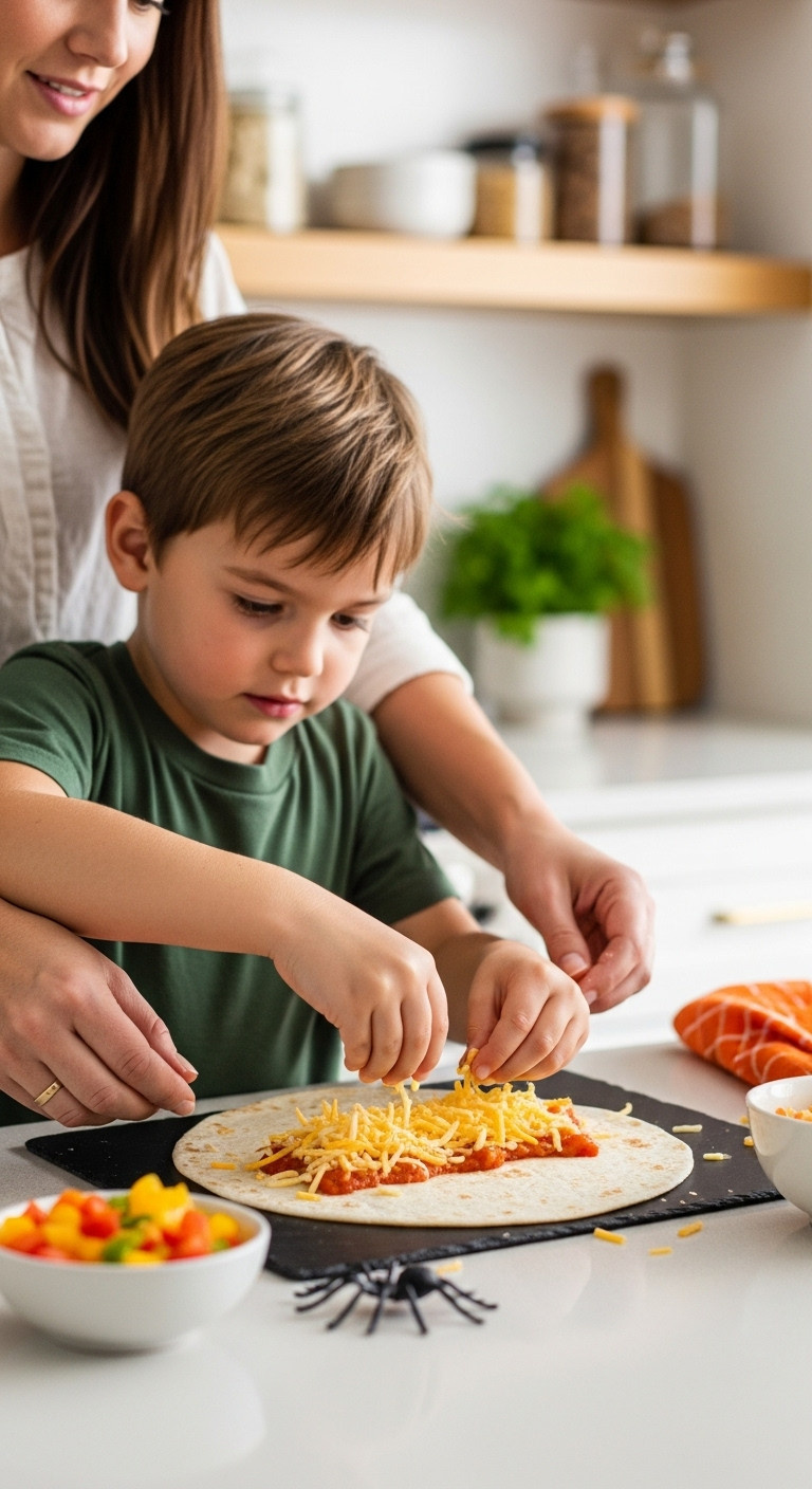 Child's Hands Sprinkle Cheese On A Tortilla For Halloween Quesadillas; Adult Guidance, Bell Peppers, Spider Toy Nearby.