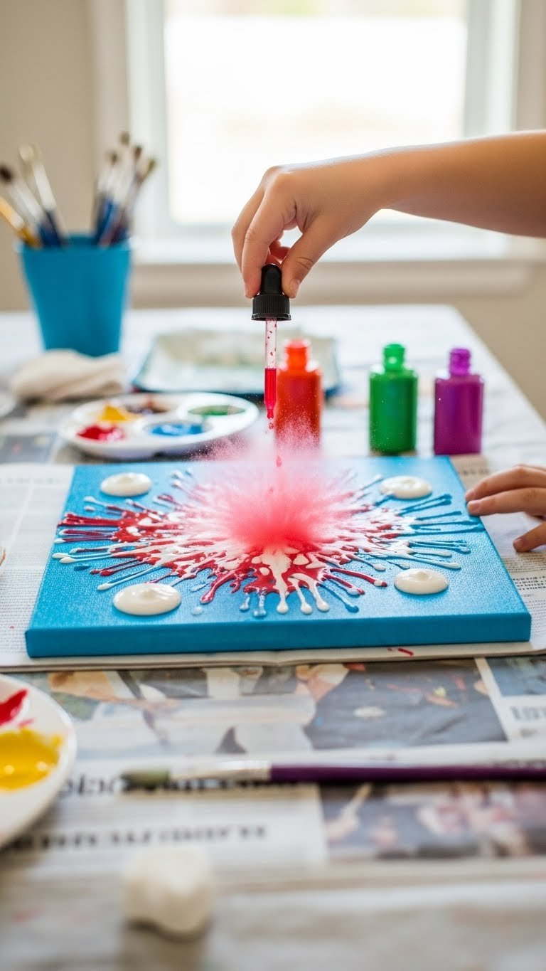 Child's Hands Squeezing Colored Vinegar Onto Baking Soda Paint Creating Red White Blue Fizzing Reaction On Canvas