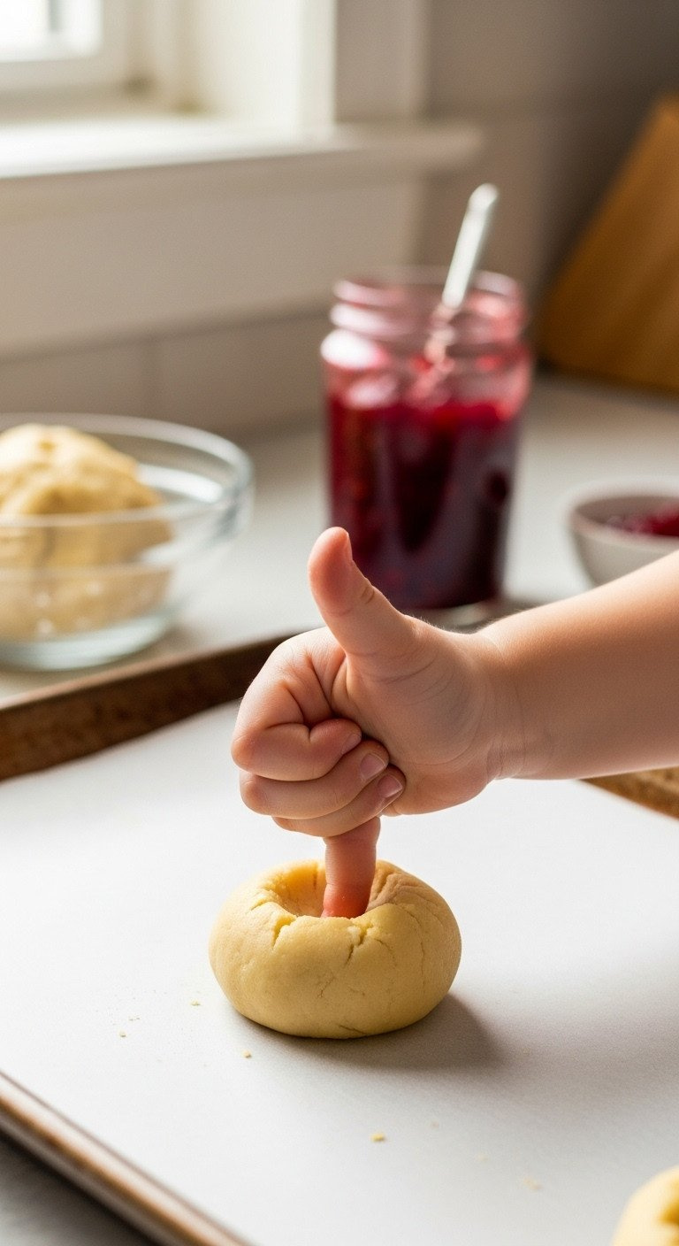 Child's Thumb Pressing Into Soft, Buttery Cookie Dough On Parchment Paper, With Raspberry Jam Jar In Blurred Background. Baking Recipe.
