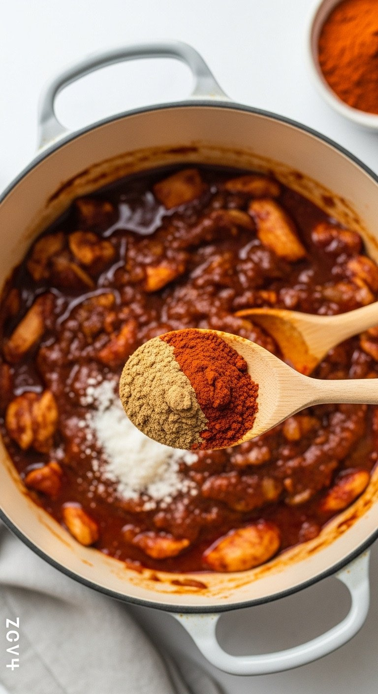 Chili Powder, Cumin, Smoked Paprika Spice Blend Stirred Into Browned Turkey And Onions In Dutch Oven. Essential For Rich Recipe Flavor.