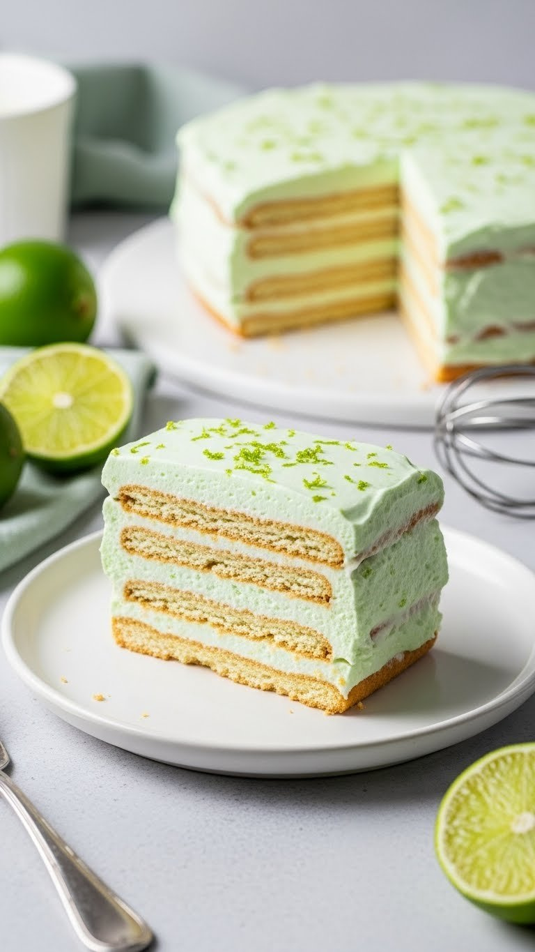 Chilled Carlota De Limón, Mexican Lime Icebox Cake Slice, Layers Of Cookies, Pale Green Cream, Lime Zest On White Platter.
