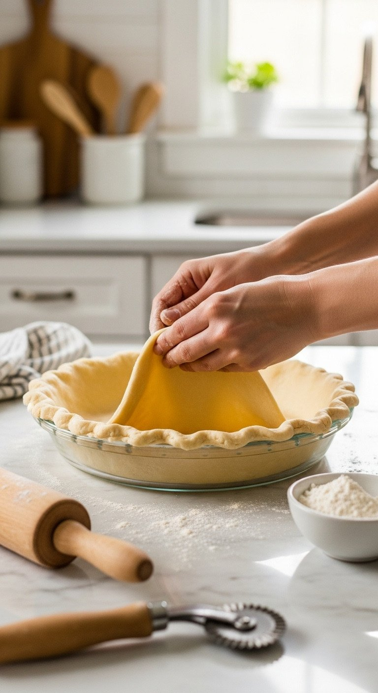 Chilled All-Butter Pie Dough Fitted Into A 9-Inch Glass Pie Plate On A Floured Marble Surface With Pastry Tools.