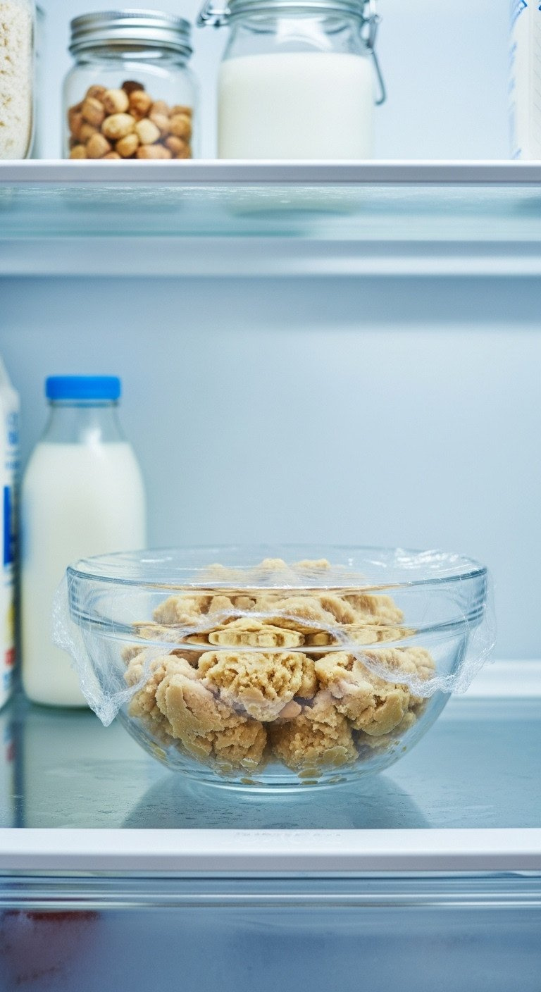 Chilled Apple Cookie Dough In Plastic-Wrapped Glass Bowl In Refrigerator. Firm Dough, Condensation. Organized Kitchen Storage.
